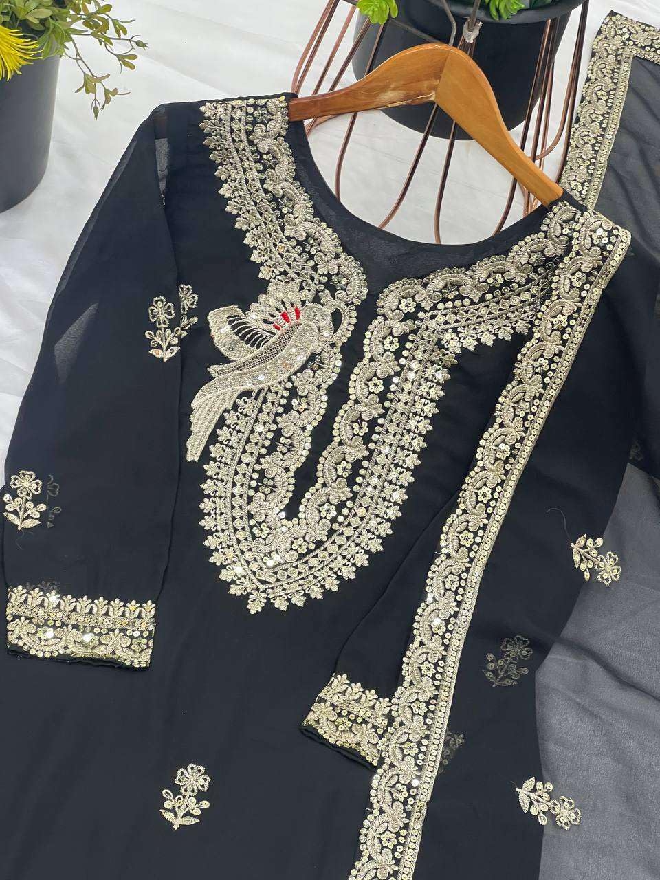 Women's Faux Georgette Embroidered Straight Kurti with Palazzo & Dupatta Set (BLACKLUXE CRAFTS) - BLACKLUXECRAFTS