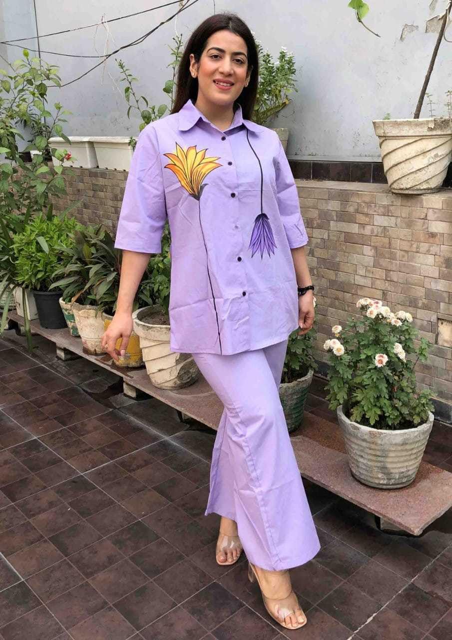 Lavender Floral Co-ord Set for Women | Summer Two-Piece Outfit | Stylish Casual Shirt & Pant Set | Comfortable Cotton Blend
(BLACKLUXE CRAFTS) - BLACKLUXECRAFTS
