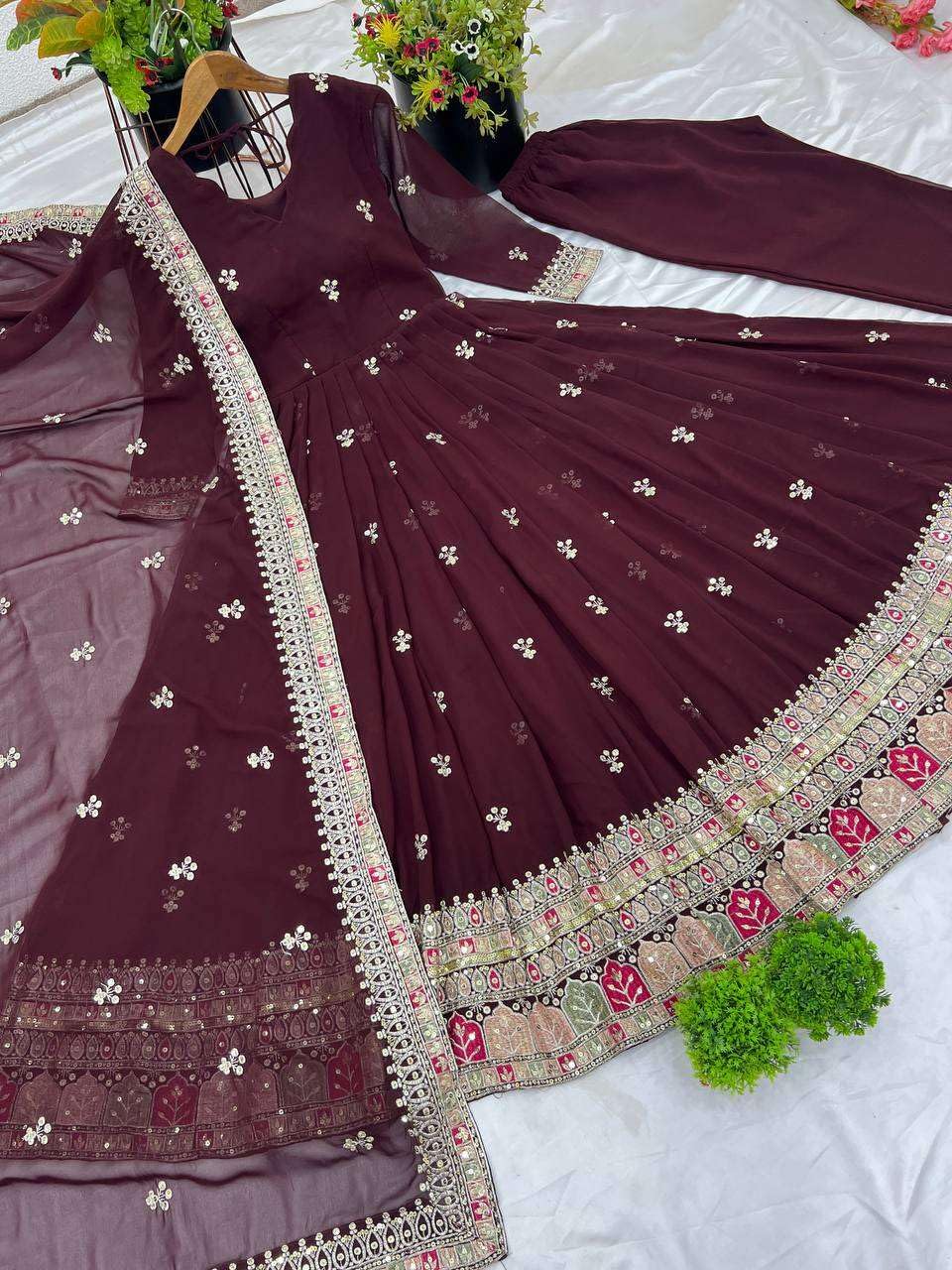 Maroon Anarkali Dress with Embroidered Dupatta | Indian Pakistani Party Wear Long Gown for Women (BLACKLUXE CRAFTS) - BLACKLUXECRAFTS