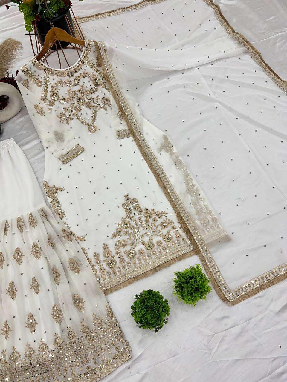 Women's Faux Georgette Embroidered Straight Kurti With Sharara and Dupatta Set (BLACKLUXE CRAFTS) - BLACKLUXECRAFTS