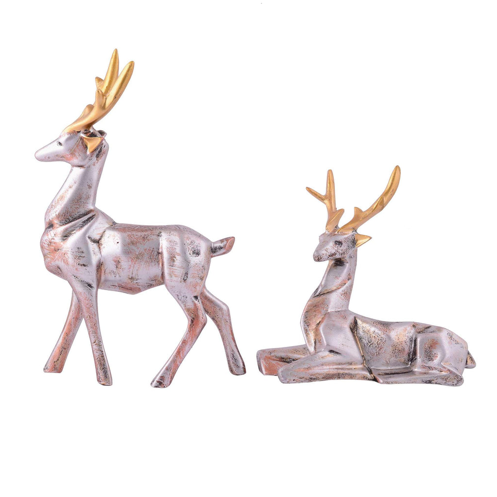 Silver Reindeer Couple Figurines with Golden Antlers – Modern Resin Deer Statues for Home Décor & Gifting (BLACKLUXE CRAFTS) - BLACKLUXECRAFTS