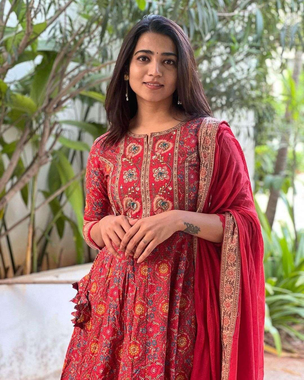 Women's Cotton Anarkali Embroidery red Designer Long Anarkali Kurti With Pant and Dupatta Set (BLACKLUXE CRAFTS) - BLACKLUXECRAFTS