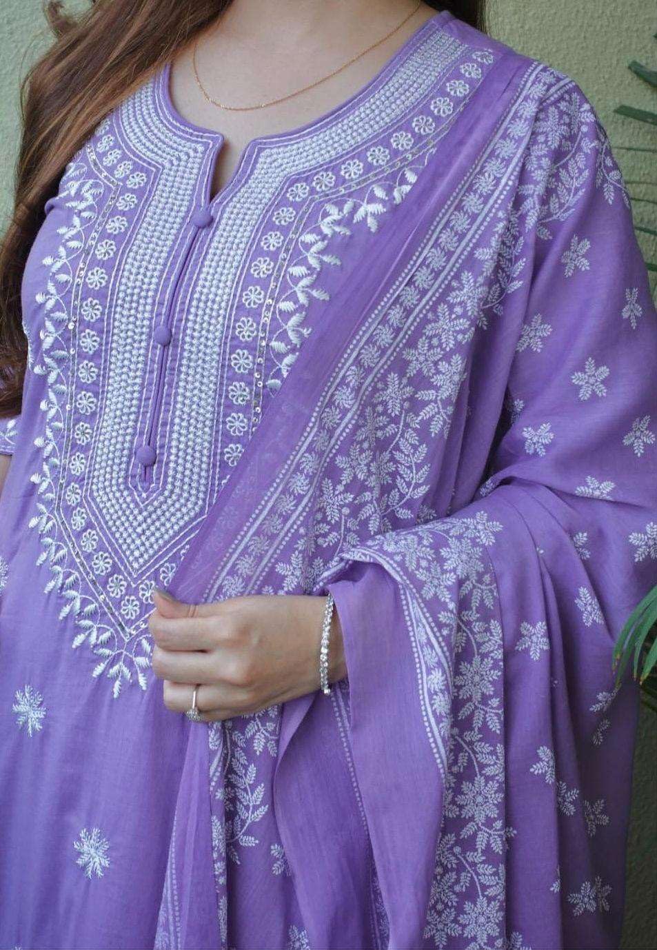 Elegant Lavender Cotton Anarkali Kurta Set with Dupatta – Hand Embroidered Ethnic Wear for Women (BLACKLUXE CRAFTS) - BLACKLUXECRAFTS
