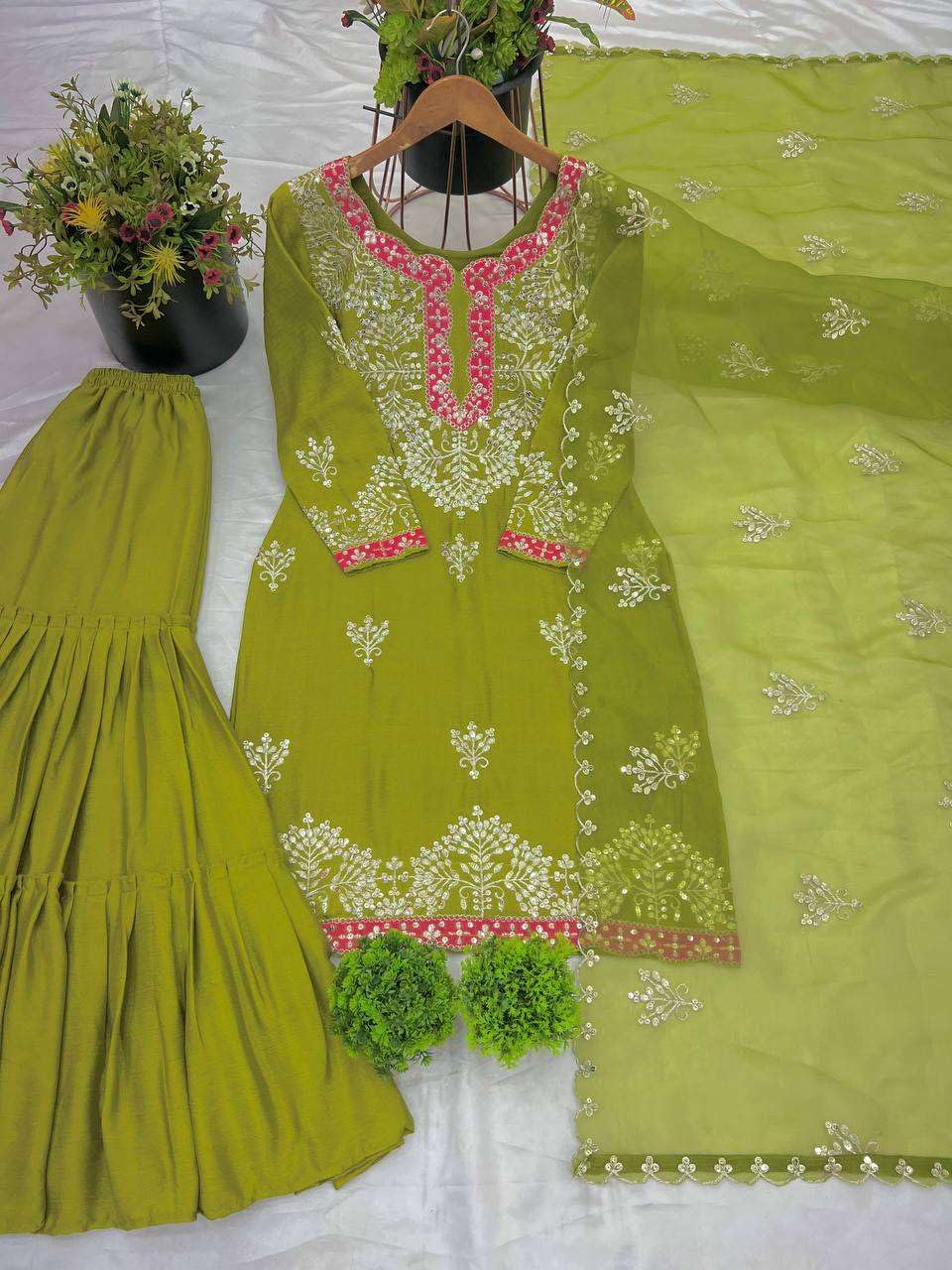 Women's Chinon Silk Embroidered Kurti With Sharara & Dupatta Set with Lace Border (BLACKLUXE CRAFTS) - BLACKLUXECRAFTS