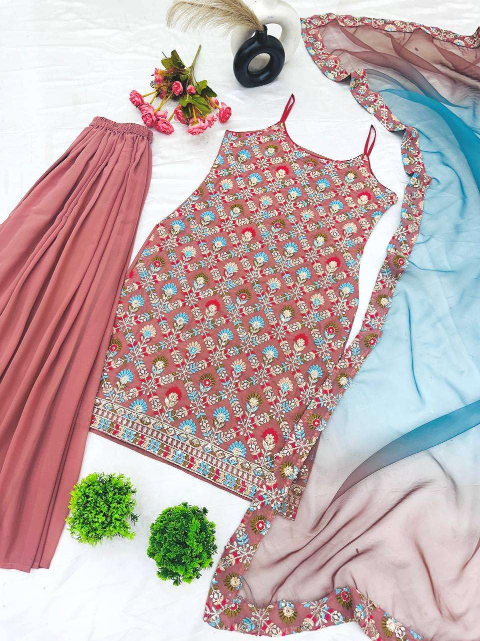 Women's Faux Georgette Embroidered Sleeveless Straight Kurti with Sharara and Dupatta Set (BLACKLUXE CRAFTS) - BLACKLUXECRAFTS