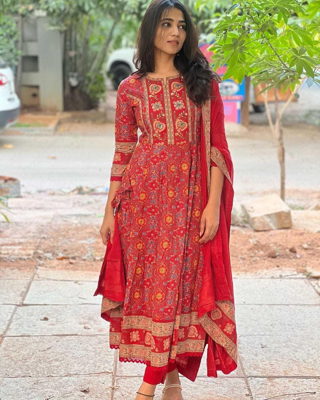Women's Cotton Anarkali Embroidery red Designer Long Anarkali Kurti With Pant and Dupatta Set (BLACKLUXE CRAFTS) - BLACKLUXECRAFTS