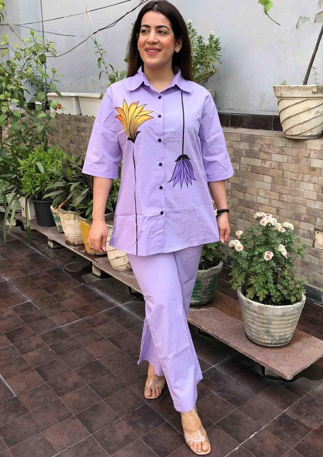 Lavender Floral Co-ord Set for Women | Summer Two-Piece Outfit | Stylish Casual Shirt & Pant Set | Comfortable Cotton Blend
(BLACKLUXE CRAFTS) - BLACKLUXECRAFTS