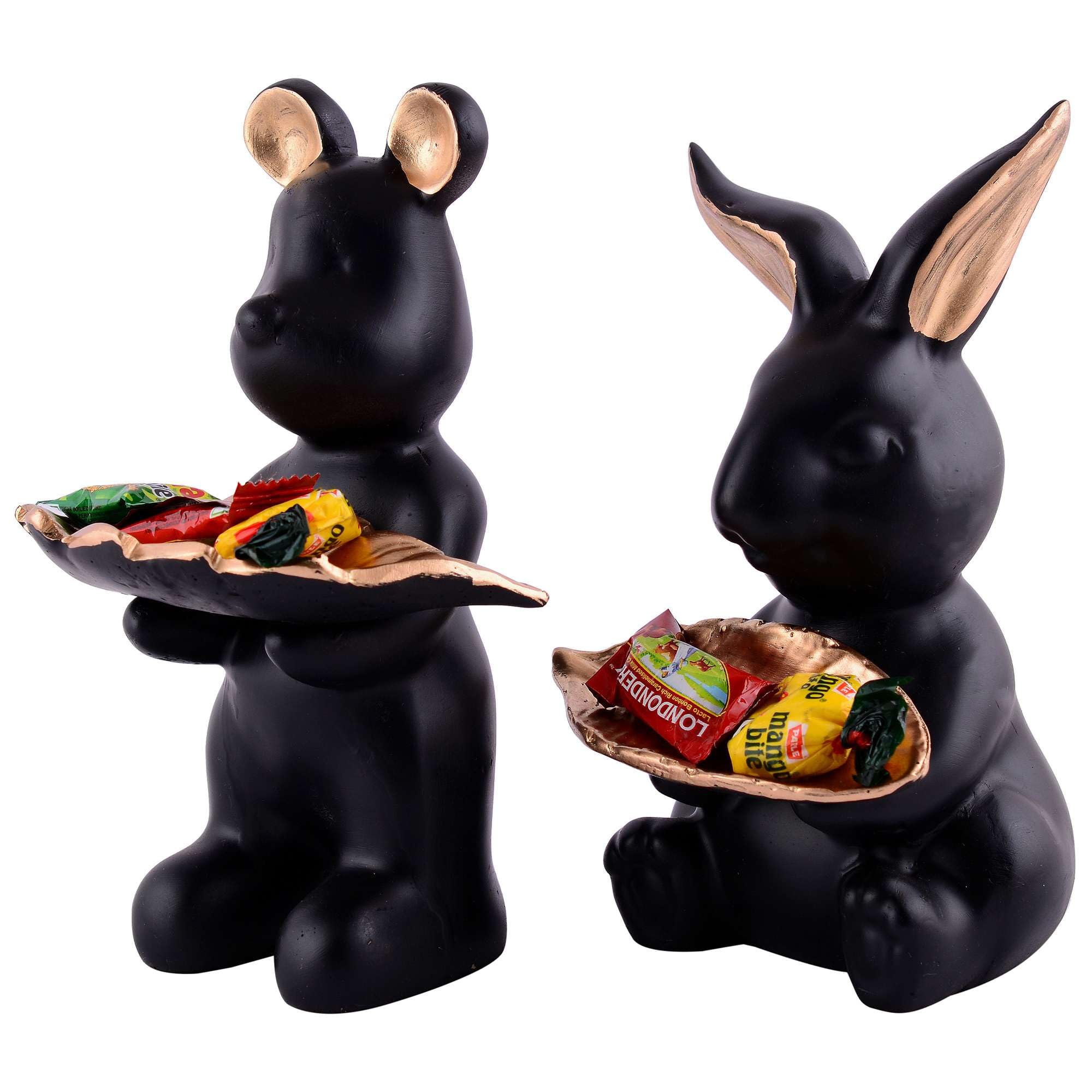 Handmade Resin Animal Candy Holder Set – Black Bunny & Bear Decorative Snack Tray | Modern Home Decor & Tabletop Gift from India (BLACKLUXE CRAFTS) - BLACKLUXECRAFTS