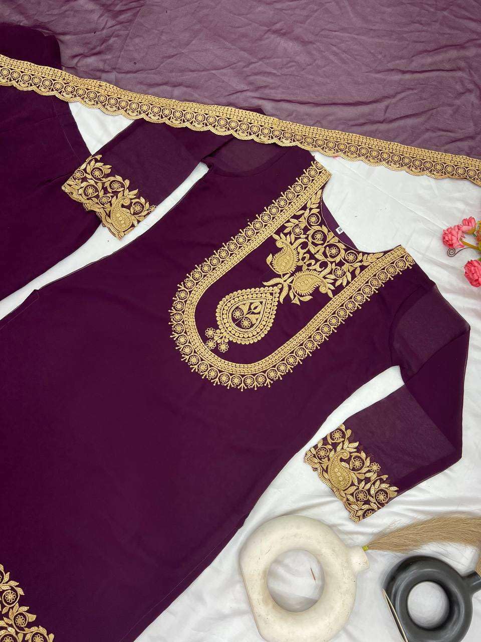 Women's Faux Georgette Ensemble with Embroidery & Sequence Work Kurti With Sharara and Dupatta Set (BLACKLUXE CRAFTS) - BLACKLUXECRAFTS
