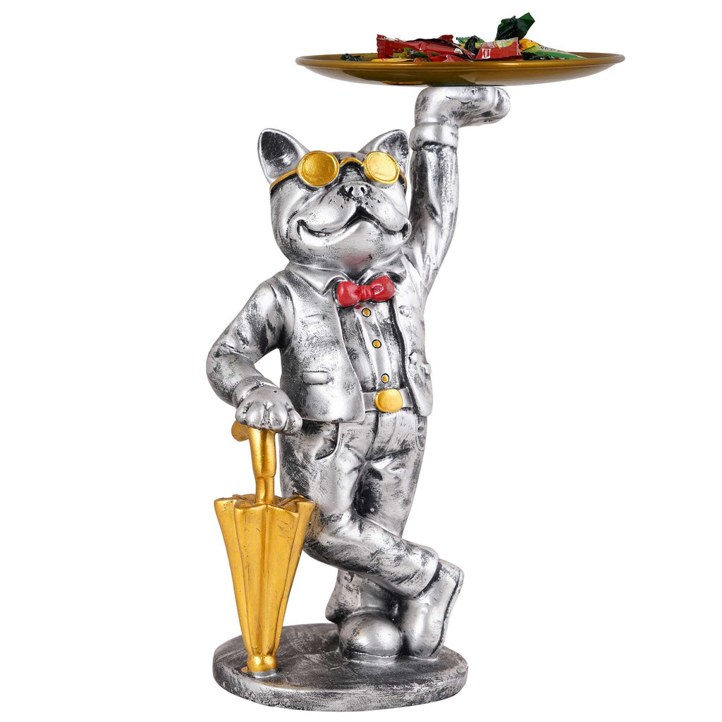 Silver Bulldog Butler Statue with Tray – Resin Dog Figurine Candy Dish & Decorative Organizer for Home Décor (BLACKLUXE CRAFTS) - BLACKLUXECRAFTS