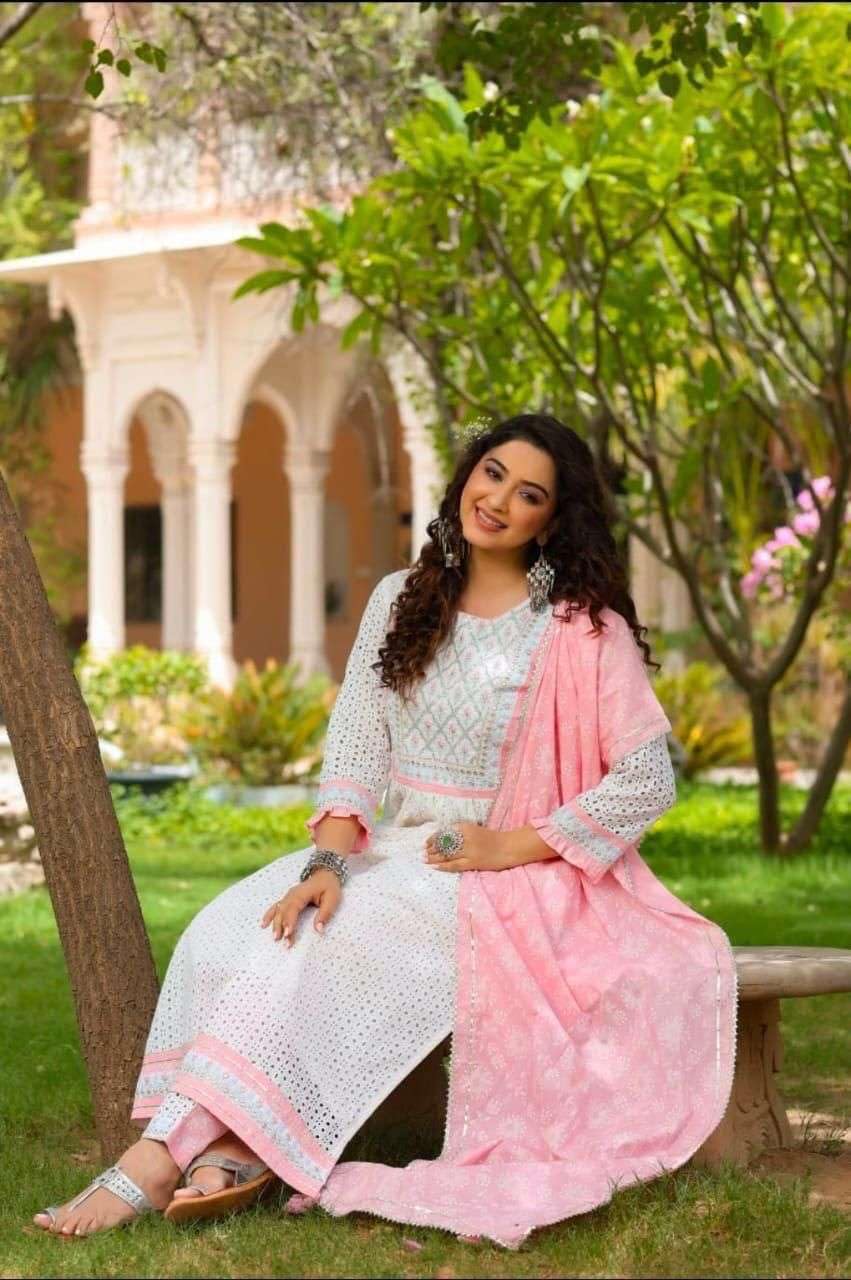 Women's Cotton Embroidered Nayra Cut Kurti With Pant and Dupatta Set from (BLACKLUXE CRAFTS) - BLACKLUXECRAFTS
