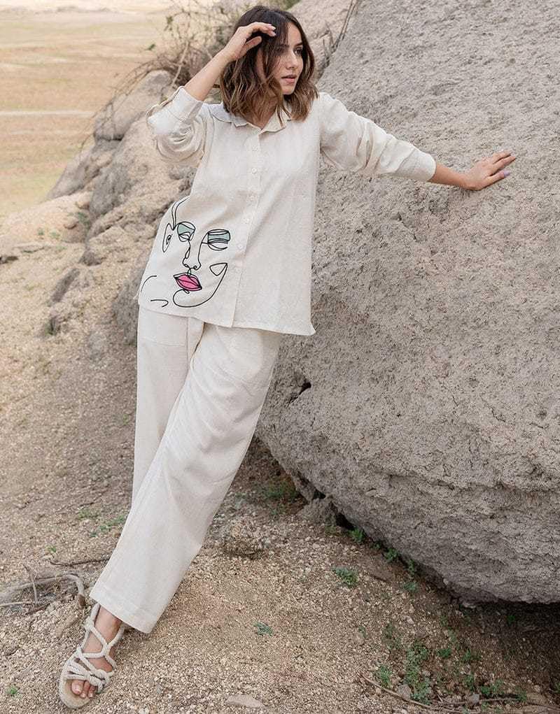 Women’s Off-White Cotton Co-Ord Set – Long Sleeve Shirt with Abstract Face Print & Straight Pants (BLACKLUXE CRAFTS) - BLACKLUXECRAFTS