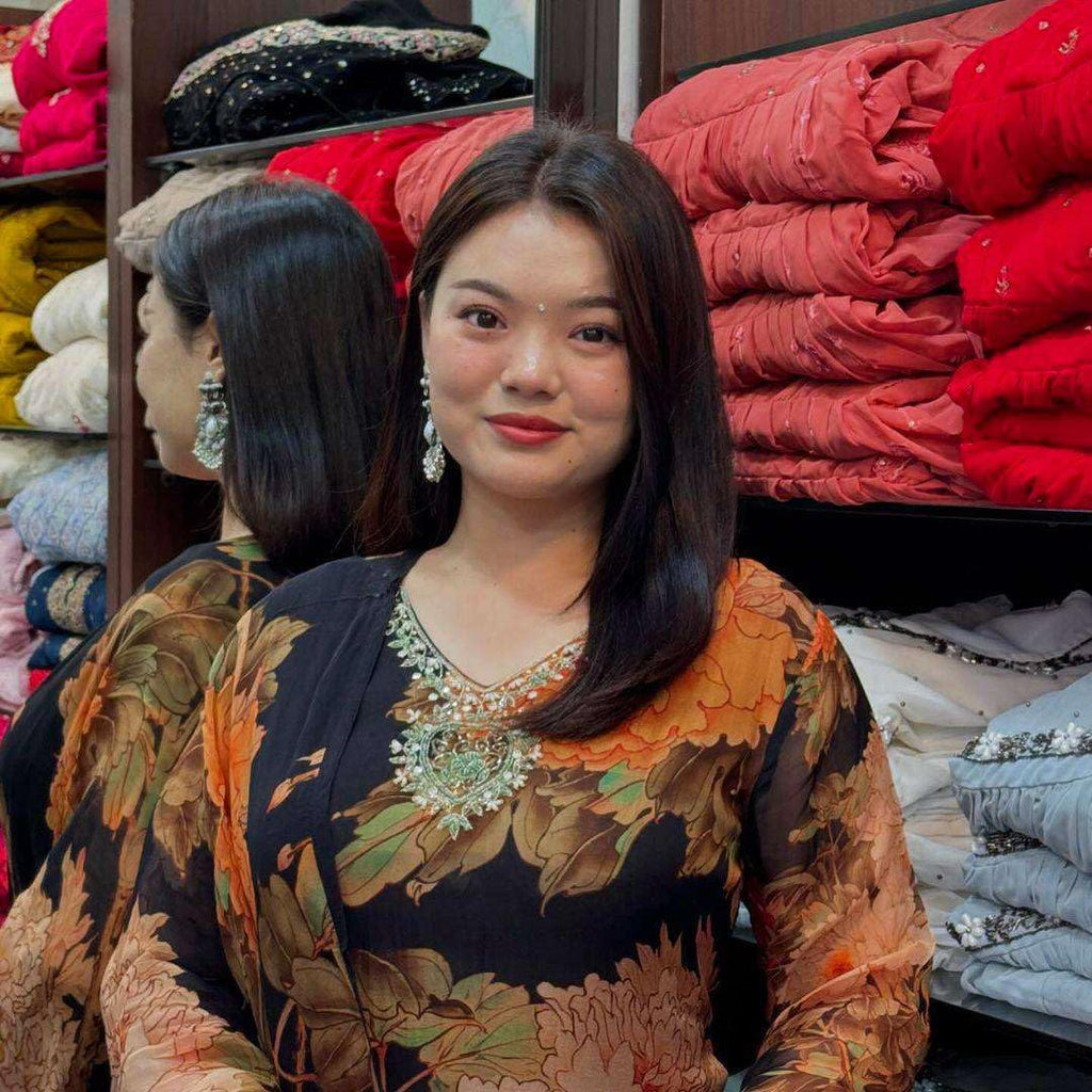 Black Floral Printed Suit Set with Dupatta – Elegant Indian Ethnic Wear for Parties & Festive Occasions (BLACKLUXE CRAFTS) - BLACKLUXECRAFTS