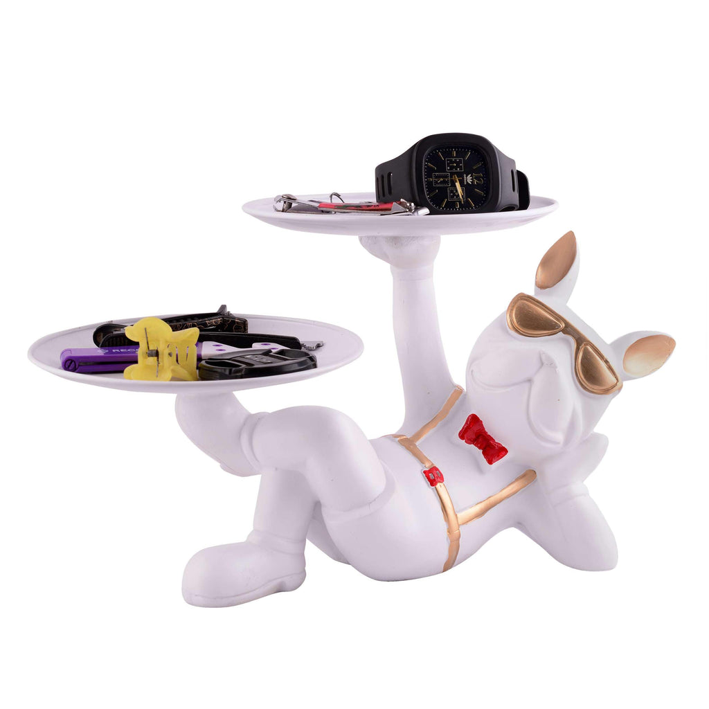 White Bulldog Butler Statue with Double Tray – Modern Resin Dog Figurine Organizer for Keys, Watches & Home Décor (BLACKLUXE CRAFTS) - BLACKLUXECRAFTS