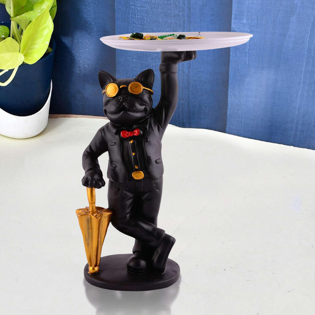 Luxury Dog Butler Statue with Tray & Umbrella – Black Resin Animal Figurine for Home, Bar & Office Décor (BLACKLUXE CRAFTS) - BLACKLUXECRAFTS