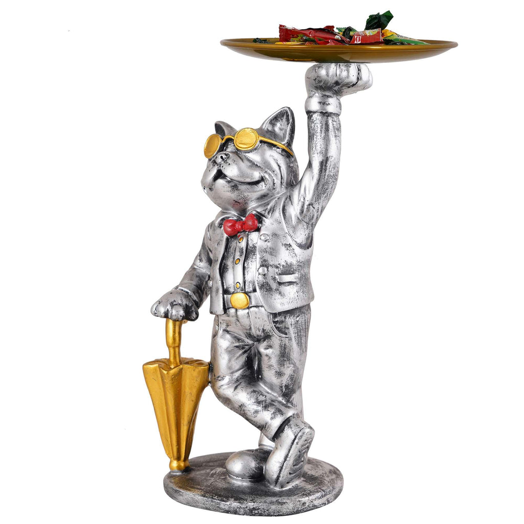Silver Bulldog Butler Statue with Tray – Resin Dog Figurine Candy Dish & Decorative Organizer for Home Décor (BLACKLUXE CRAFTS) - BLACKLUXECRAFTS