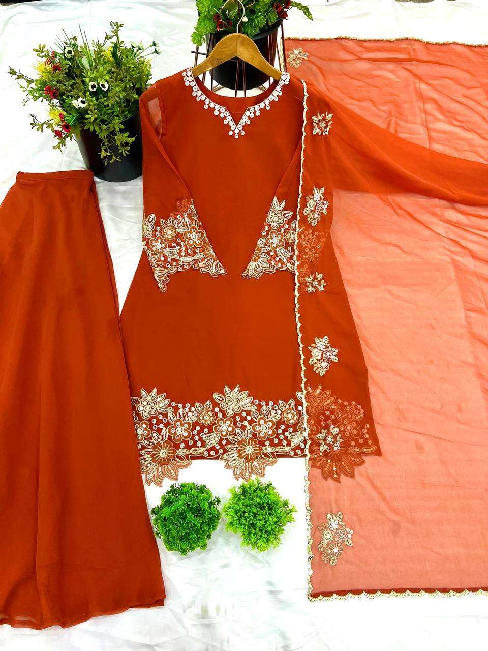 Women’s Georgette Embroidered Kurta with Plazzo and Dupatta Set (BLACKLUXE CRAFTS) - BLACKLUXECRAFTS