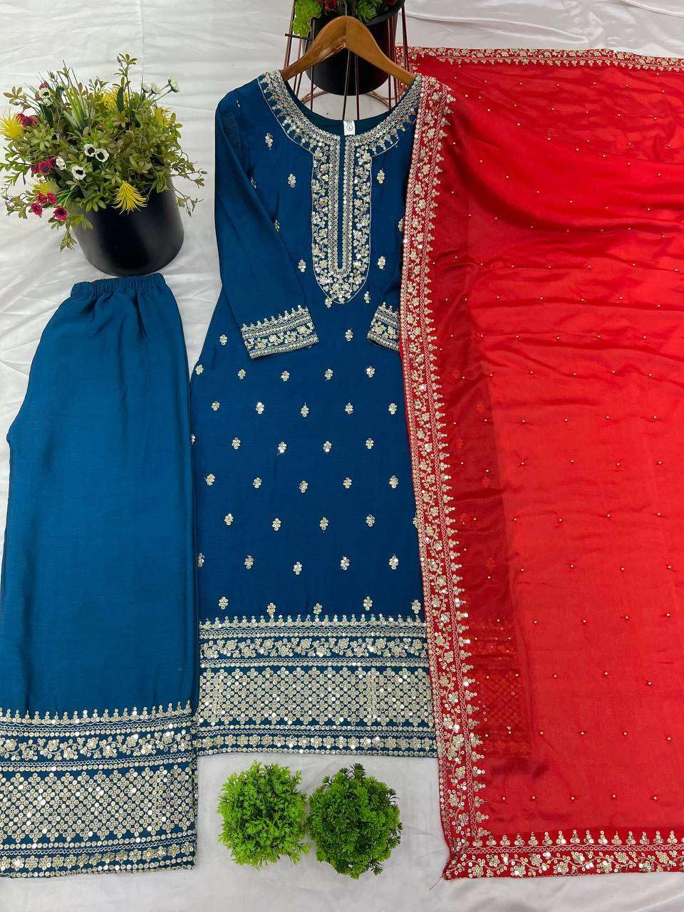 Women's Chinnon Silk Embroidered Straight Kurti With Pants and Dupatta Set (BLACKLUXE CRAFTS) - BLACKLUXECRAFTS