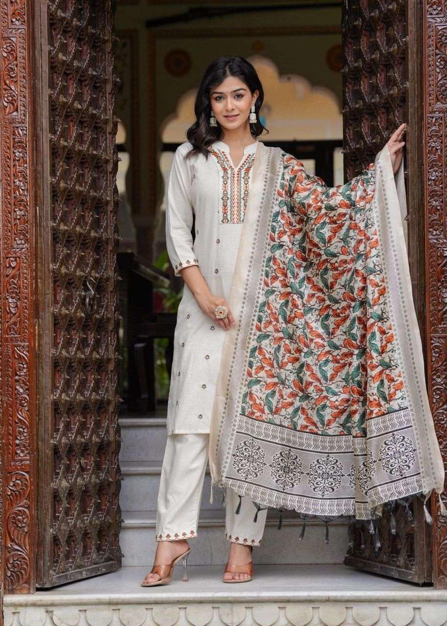 Women's Cotton Embroidered Straight Kurti With Pant and Dupatta Set (BLACKLUXE CRAFTS) - BLACKLUXECRAFTS