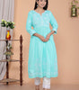 Women's Rayon Embroidered vcut Collar Anarkali Kurti with Pant (Sky Blue) (BLACKLUXE CRAFTS) - BLACKLUXECRAFTS