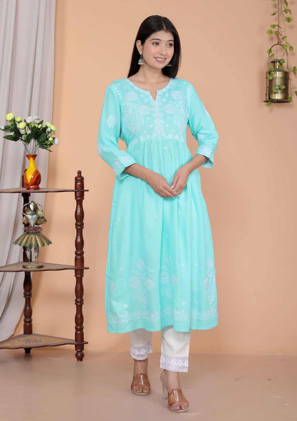 Women's Rayon Embroidered vcut Collar Anarkali Kurti with Pant (Sky Blue) (BLACKLUXE CRAFTS) - BLACKLUXECRAFTS