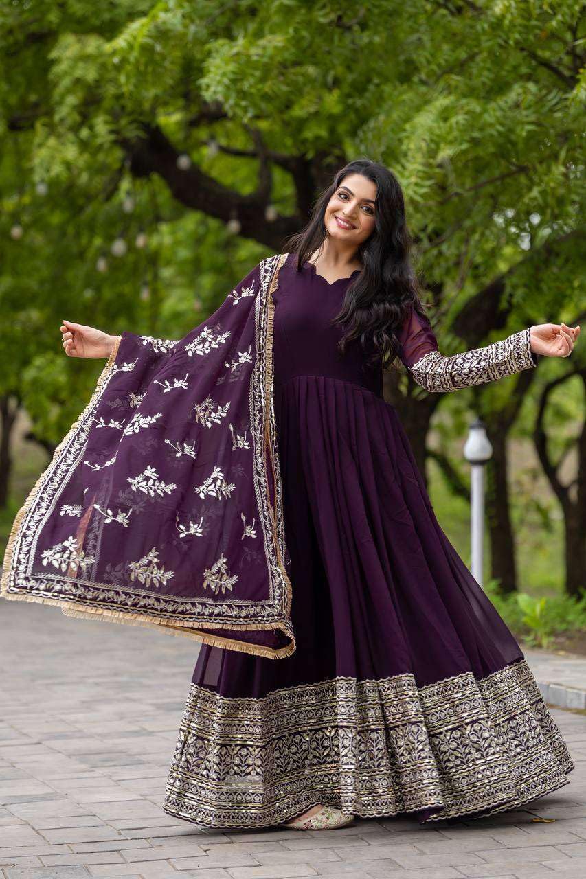 Maroon Anarkali Gown with Heavy Golden Embroidery & Dupatta | Designer Indian Pakistani Wedding Dress for Women (BLACKLUXE CRAFTS) - BLACKLUXECRAFTS