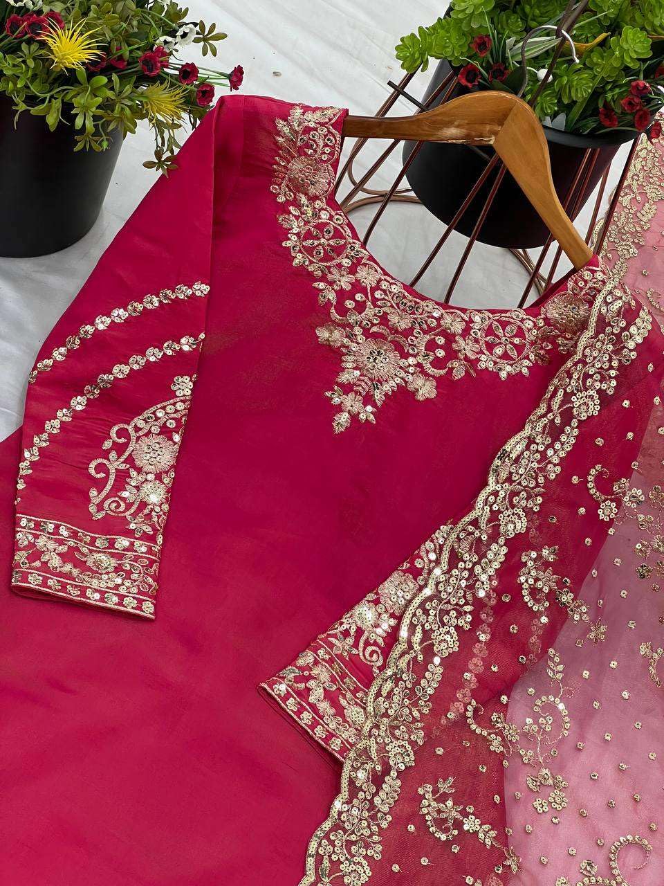 Women's Pure Simmer Silk Embroidery and Sequence Work Straight Kurta With Sharara & Dupatta Set (BLACKLUXE CRAFTS) - BLACKLUXECRAFTS