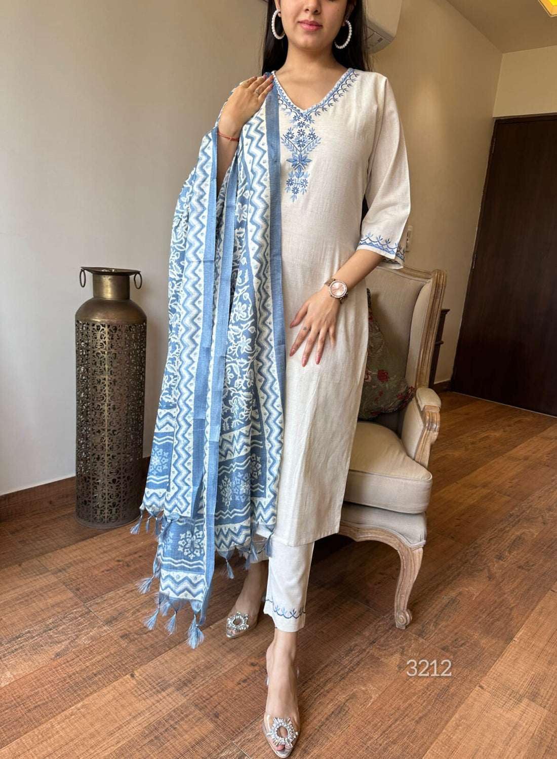 Elegant Cream Kurta Set with Blue Embroidery & Printed Dupatta | Women’s Ethnic Wear (BLACKLUXE CRAFTS) - BLACKLUXECRAFTS