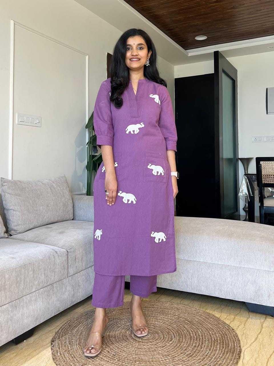 Handmade Cotton Kurta Set with Blue Elephant Embroidery – Casual & Office Wear for Women (BLACKLUXE CRAFTS) - BLACKLUXECRAFTS