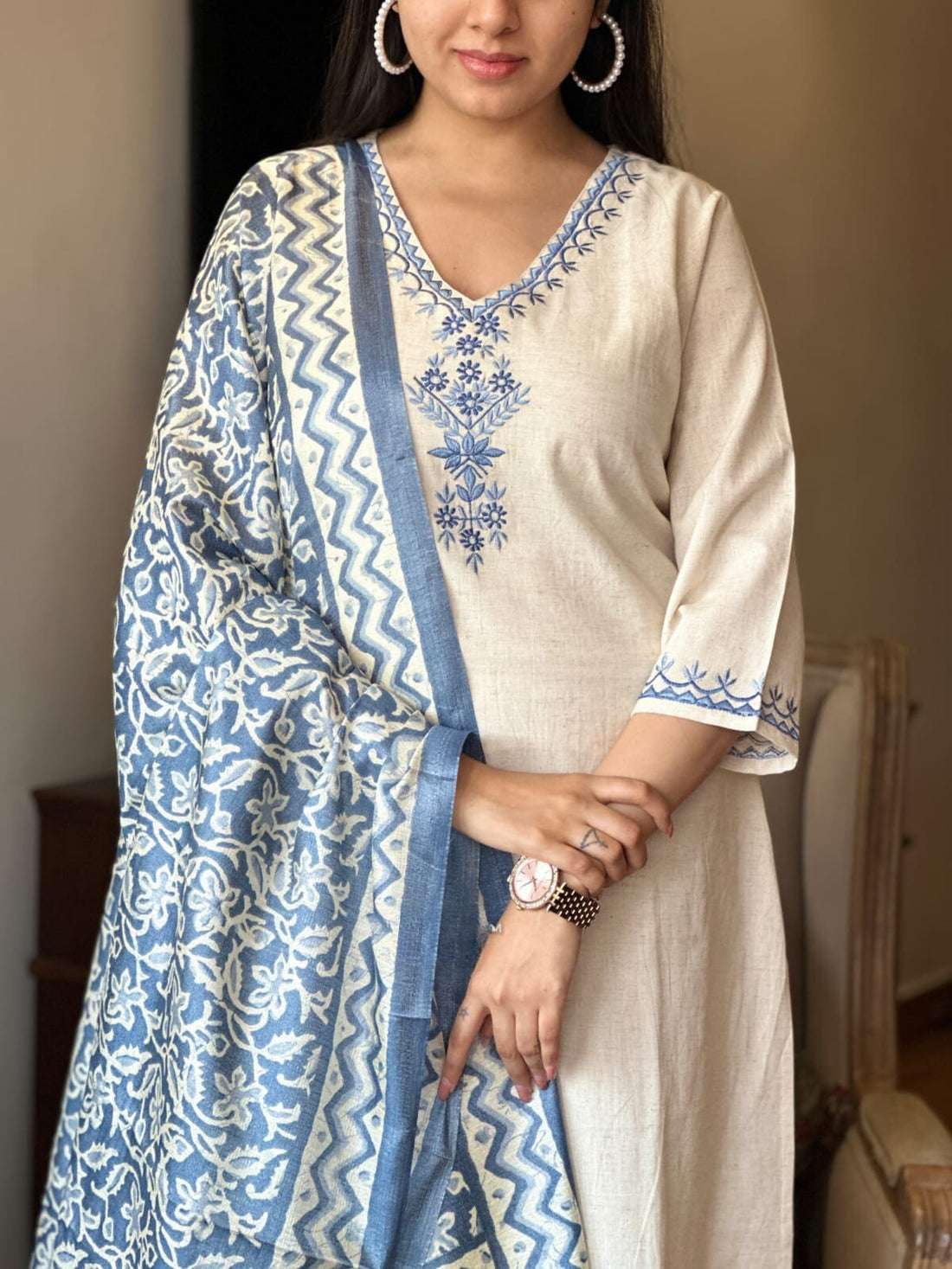 Elegant Cream Kurta Set with Blue Embroidery & Printed Dupatta | Women’s Ethnic Wear (BLACKLUXE CRAFTS) - BLACKLUXECRAFTS