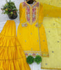 Mustard Yellow Silk Sharara Suit with Embroidered Neckline & Dupatta | Festive & Wedding Wear (BLACKLUXE CRAFTS) - BLACKLUXECRAFTS