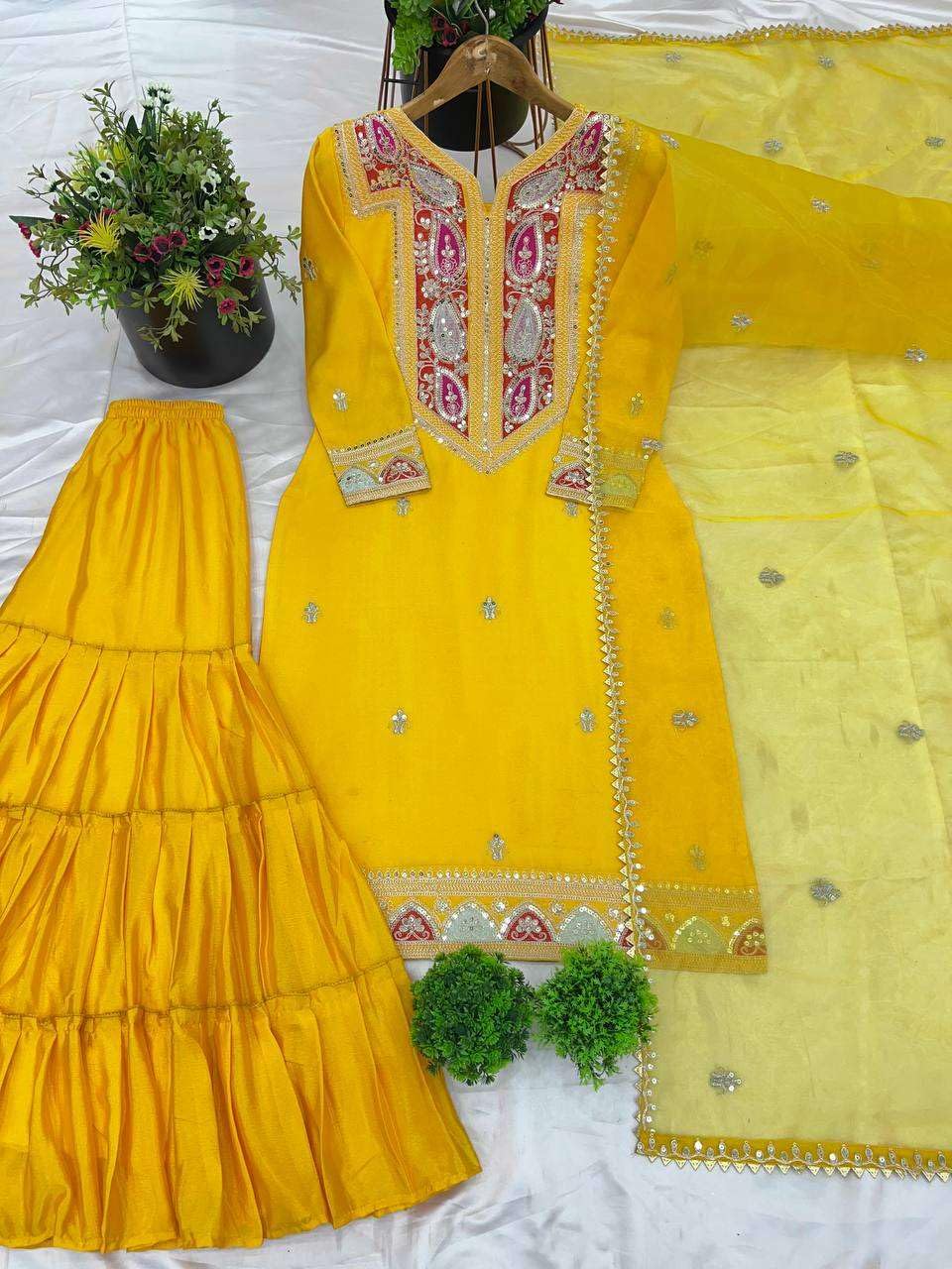 Mustard Yellow Silk Sharara Suit with Embroidered Neckline & Dupatta | Festive & Wedding Wear (BLACKLUXE CRAFTS) - BLACKLUXECRAFTS