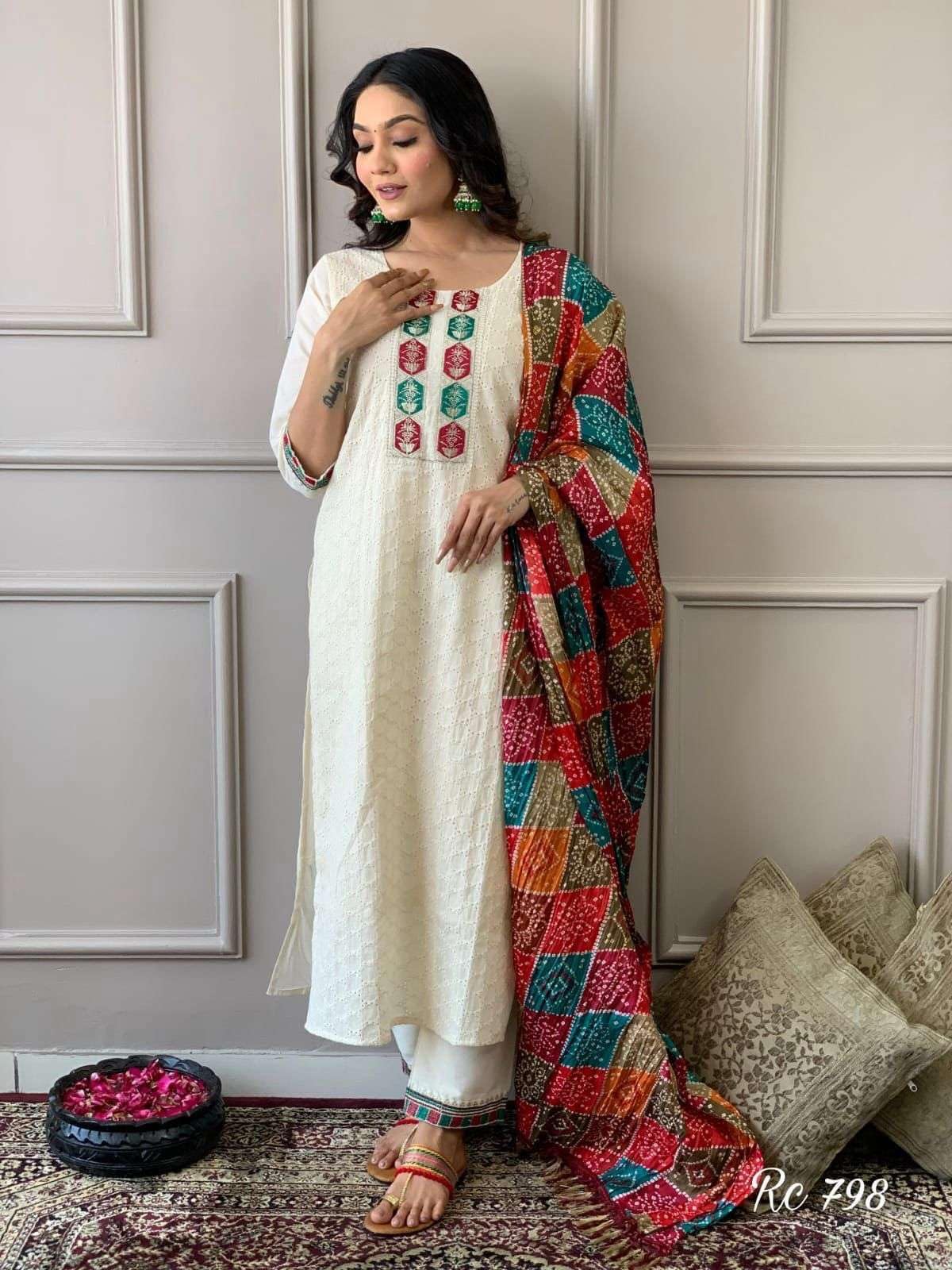 White Cotton Kurta Set with Multicolor Bandhani Dupatta | Indian Pakistani Ethnic Wear for Women (BLACKLUXE CRAFTS) - BLACKLUXECRAFTS