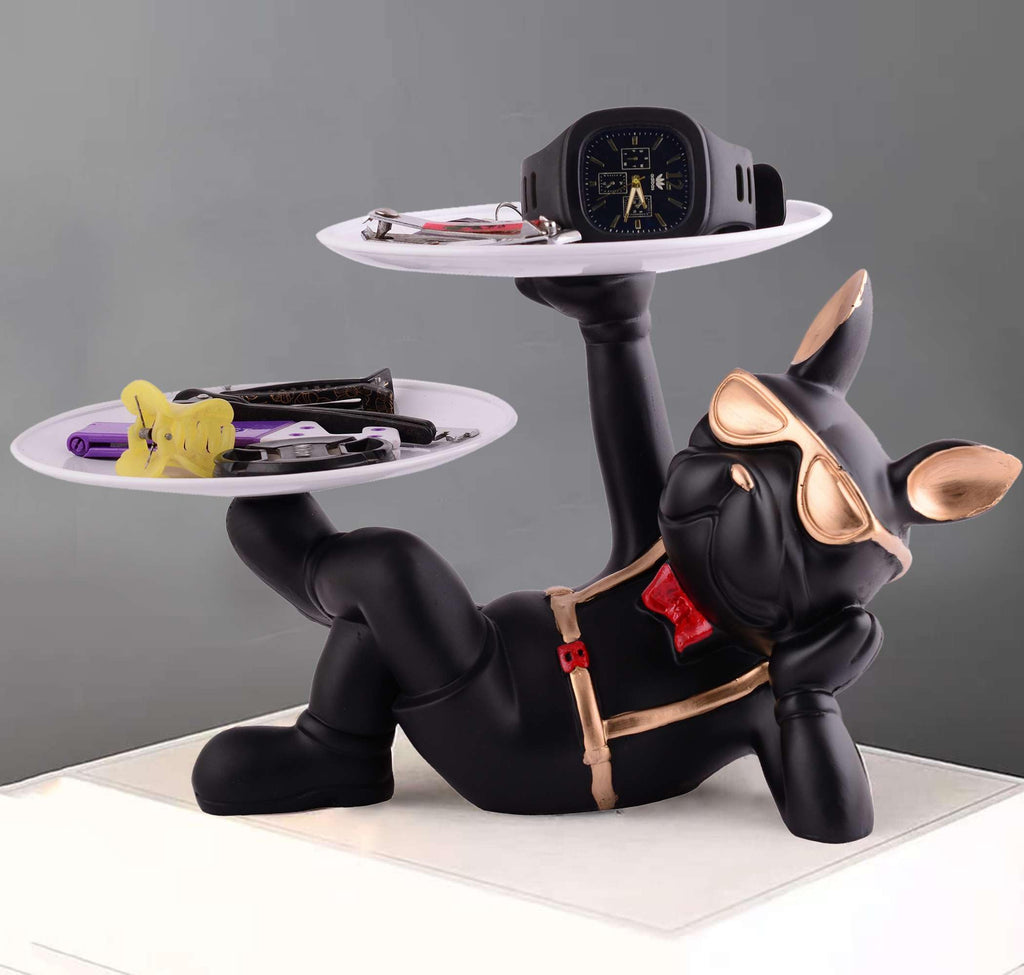 Luxury Bulldog Butler Statue with Dual Tray – Black Resin Dog Figurine for Keys, Watches & Home Décor (BLACKLUXE CRAFTS) - BLACKLUXECRAFTS