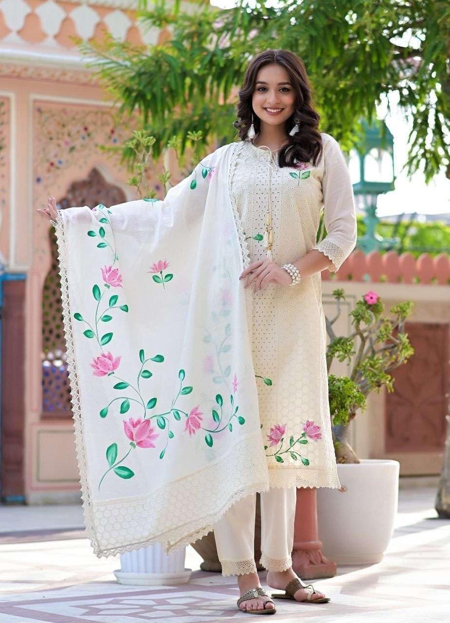 Women's Cotton Hand-Painted Chicken Shifli Straight Kurti With Pant and Mulmul Dupatta Set (BLACKLUXE CRAFTS) - BLACKLUXECRAFTS