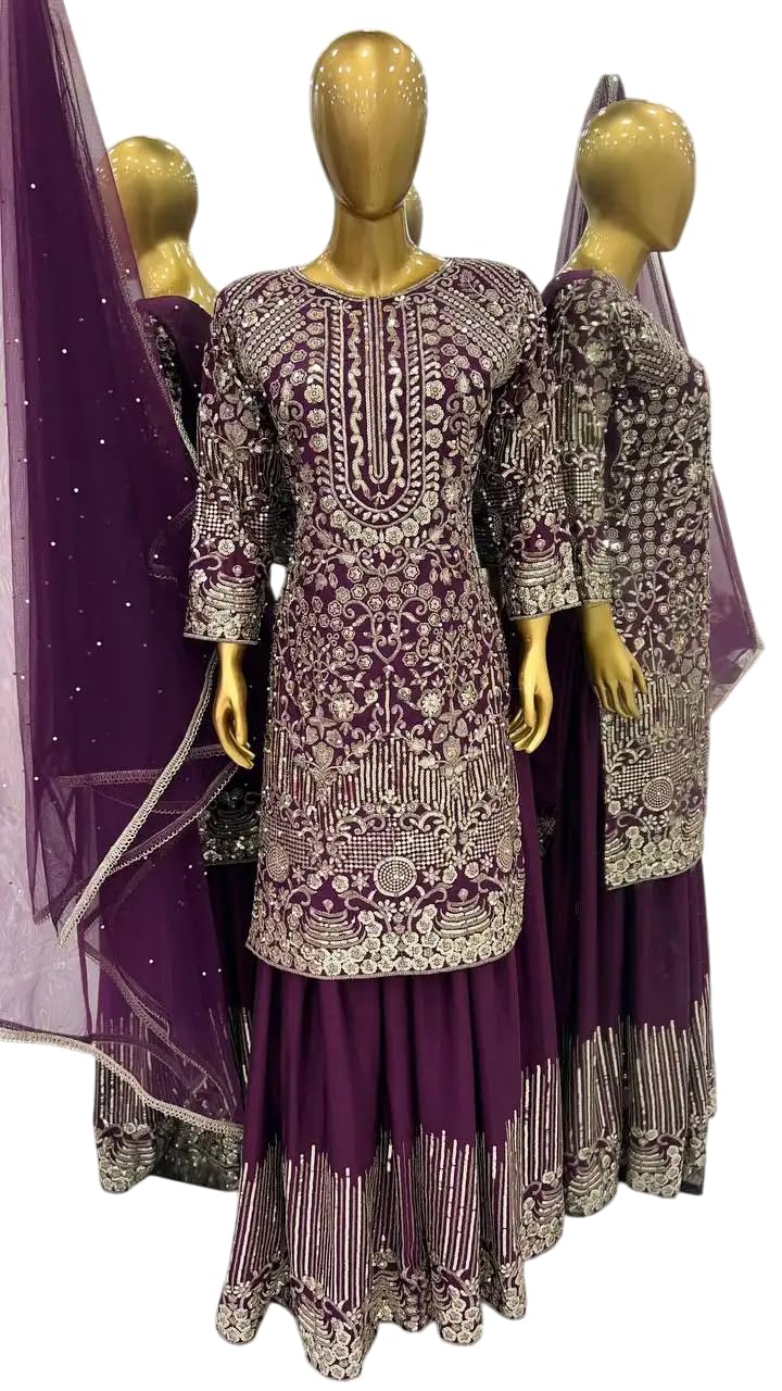 Heavy Embroidered Kurta Sharara Set with Dupatta – Designer Indian Wedding & Party Wear Outfit (BLACKLUXE CRAFTS) - BLACKLUXECRAFTS
