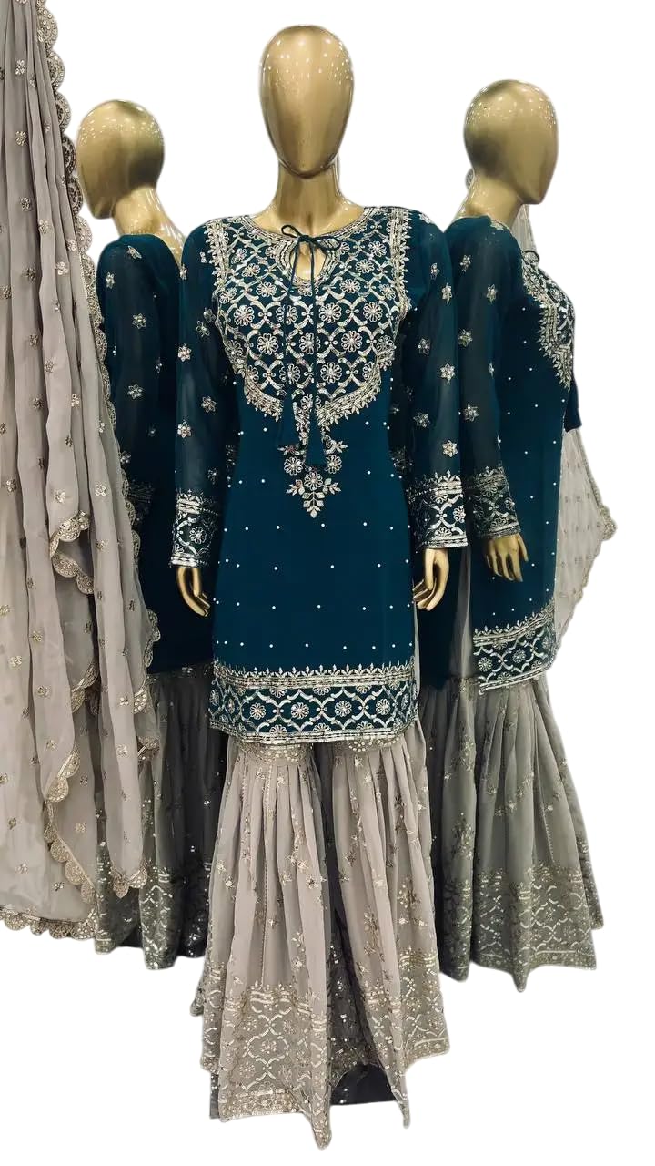 Teal Embroidered Sharara Suit with Dupatta | Designer Party Wear Outfit for Women | Traditional Indian Wedding & Festive Dress (BLACKLUXE CRAFTS) - BLACKLUXECRAFTS