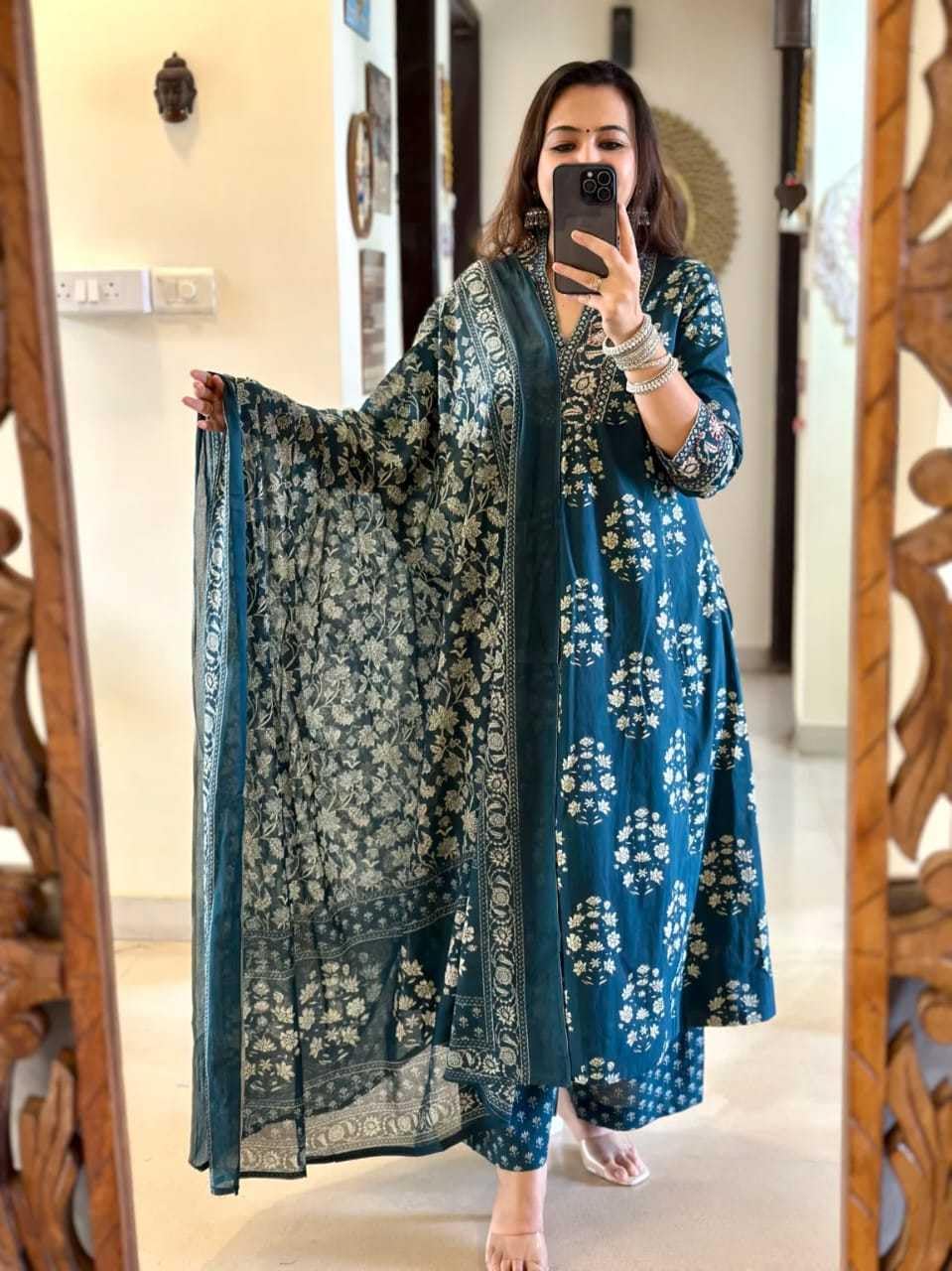 Teal Blue Printed Cotton Kurta Set with Dupatta – Indian Ethnic Suit for Women, Festive & Party Wear Outfit (BLACKLUXE CRAFTS) - BLACKLUXECRAFTS