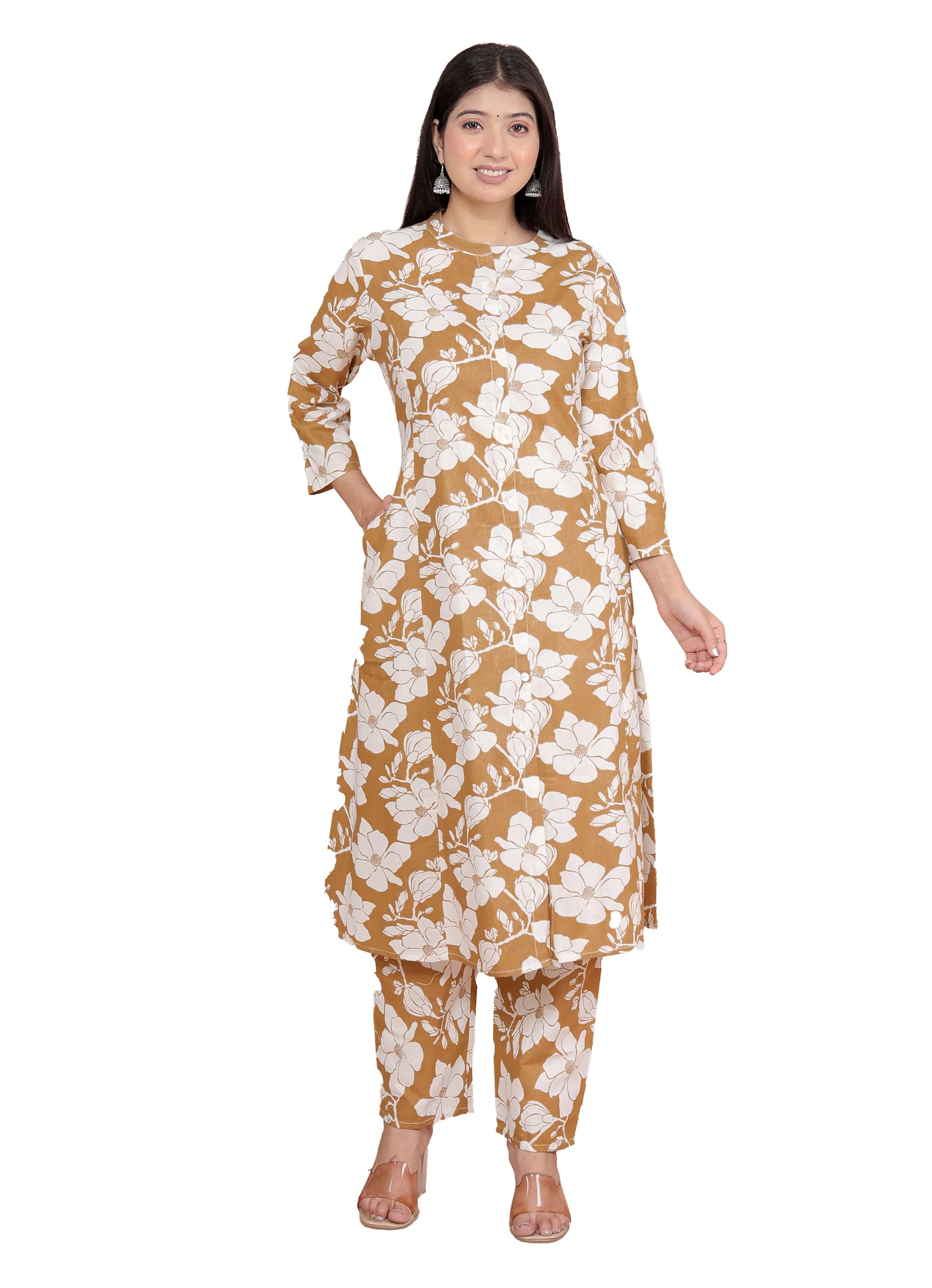 Women's Cotton Floral Printed Mandarin Collar A-Line Kurti with Pant (Brown) (BLACKLUXE CRAFTS) - BLACKLUXECRAFTS