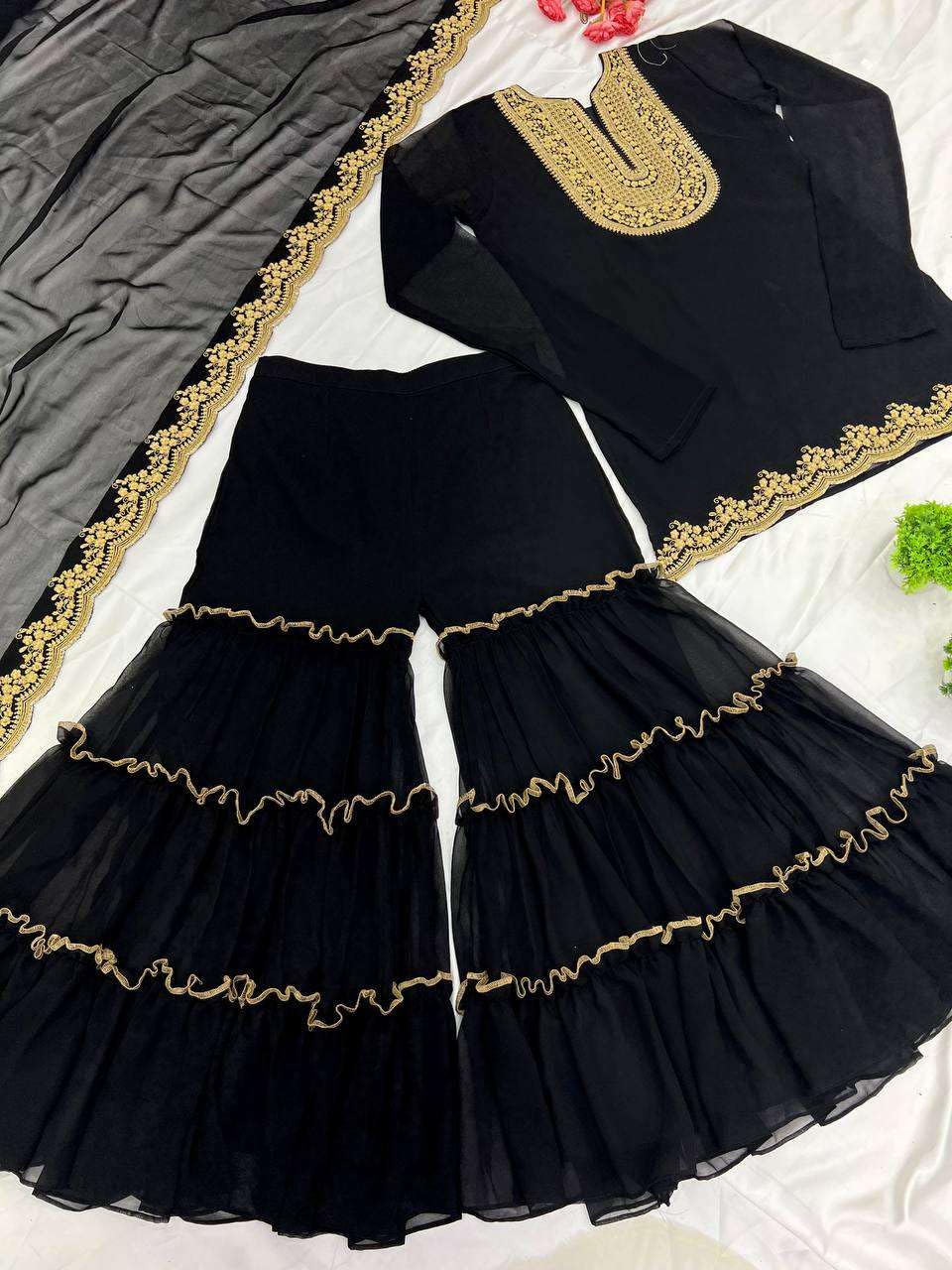 Women's Faux Georgette Embroidered Kurti With Plazzo and Dupatta Set (BLACKLUXE CRAFTS) - BLACKLUXECRAFTS