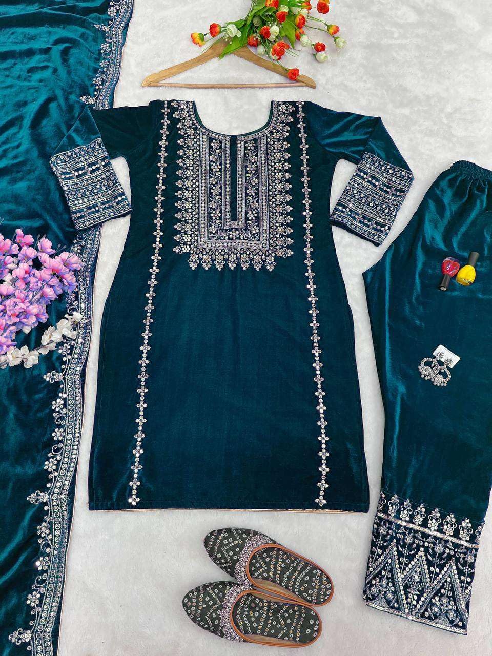 Women's Viscose Velvet Embroidery and Sequence Work Straight Kurti with Pant & Dupatta Set (Teal Blue-L)(BLACKLUXE CRAFTS) - BLACKLUXECRAFTS
