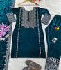 Women's Viscose Velvet Embroidery and Sequence Work Straight Kurti with Pant & Dupatta Set (Teal Blue-M)(BLACKLUXE CRAFTS) - BLACKLUXECRAFTS