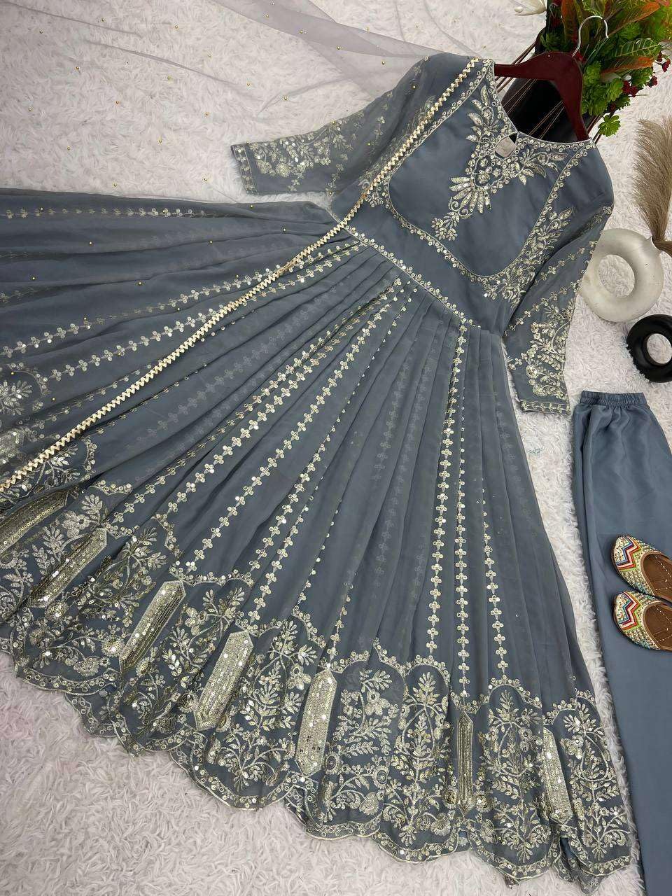 Women's Faux Georgette Embroidered Sequence Work Anarkali Kurti Gown with Net Dupatta (BLACKLUXE CRAFTS) - BLACKLUXECRAFTS