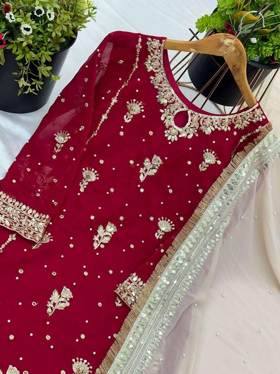 Women's Faux Georgette Embroidered Straight Kurti With Pant & Dupatta Set (BLACKLUXE CRAFTS) - BLACKLUXECRAFTS
