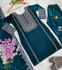 Women's Viscose Velvet Embroidery and Sequence Work Straight Kurti with Pant & Dupatta Set (Teal Blue-M)(BLACKLUXE CRAFTS) - BLACKLUXECRAFTS