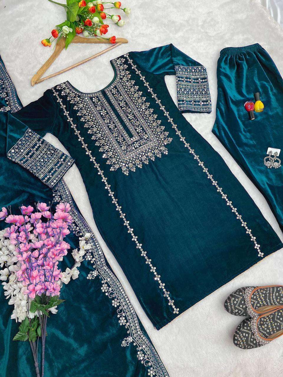 Women's Viscose Velvet Embroidery and Sequence Work Straight Kurti with Pant & Dupatta Set (Teal Blue-M)(BLACKLUXE CRAFTS) - BLACKLUXECRAFTS