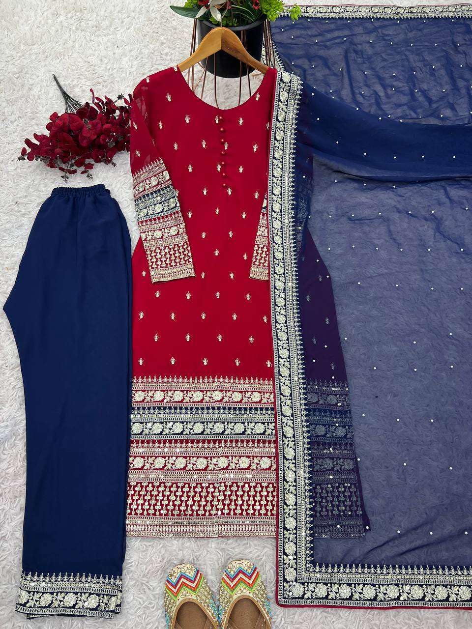 Women's Faux Georgette Embroidered Straight Kurti with Pant & Dupatta Set with Rivet Moti Work (BLACKLUXE CRAFTS) - BLACKLUXECRAFTS