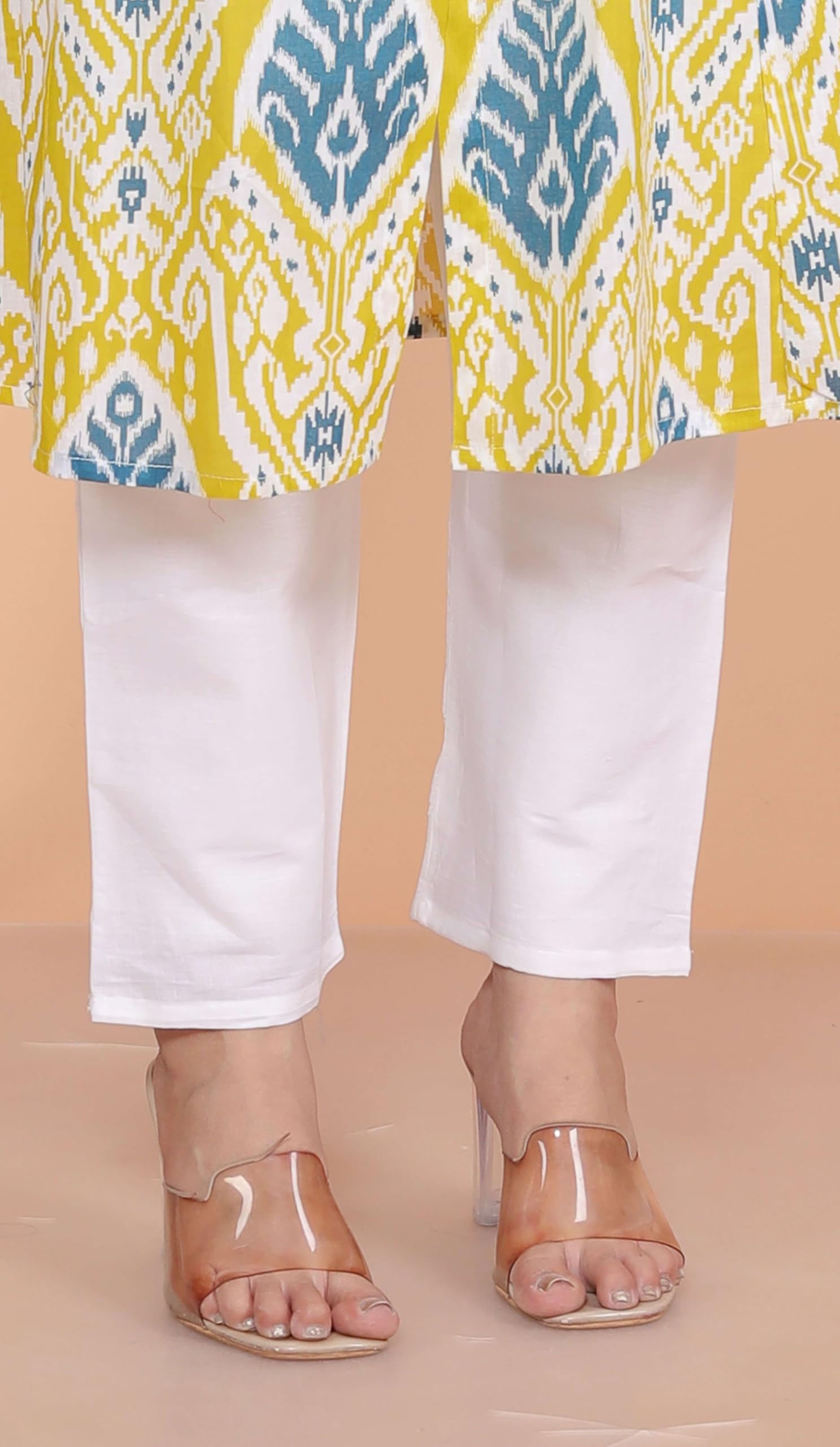 Women's Cotton Printed Mandarin Collar A-Line Kurti with Pant (Lemon) (BLACKLUXE CRAFTS) - BLACKLUXECRAFTS