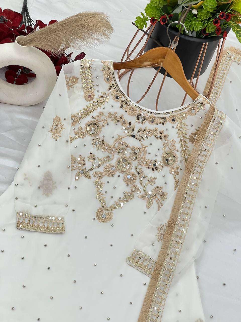 Women's Faux Georgette Embroidered Straight Kurti With Sharara and Dupatta Set (BLACKLUXE CRAFTS) - BLACKLUXECRAFTS