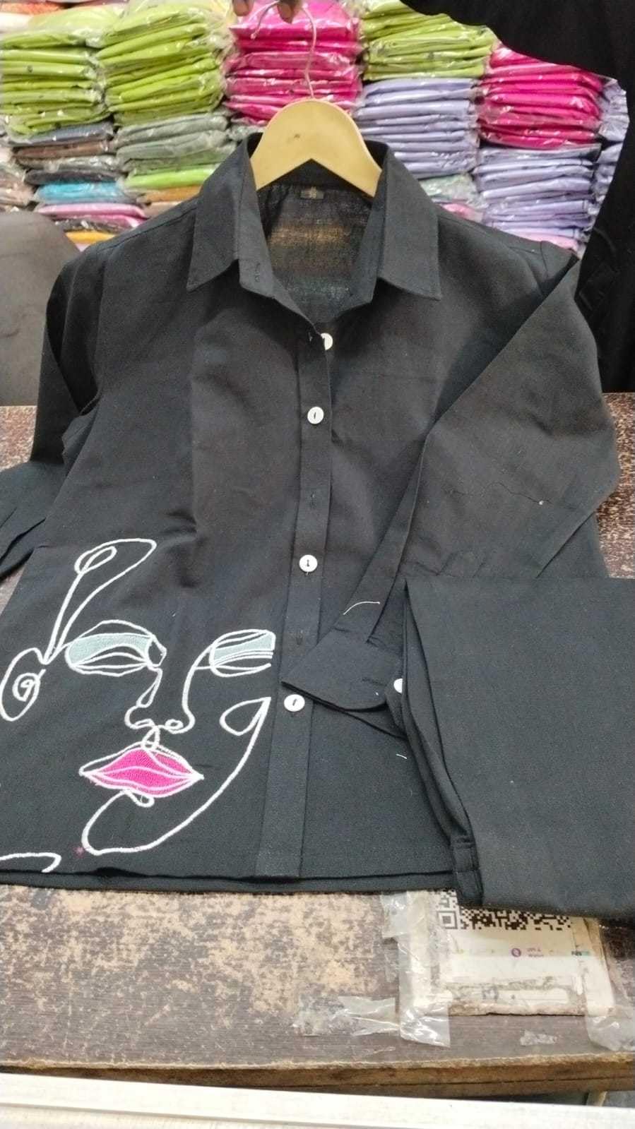 Women’s Black Co-ord Set with Abstract Face Embroidery – Stylish Casual Shirt & Pant Set
(BLACKLUXE CRAFTS) - BLACKLUXECRAFTS